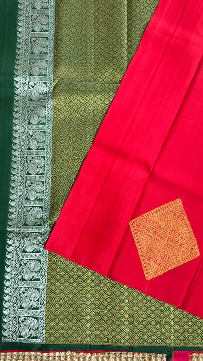 Red Pure Kanchipuram Silk Saree with Contrast Bottle Green Pallu | Silk Mark Certified