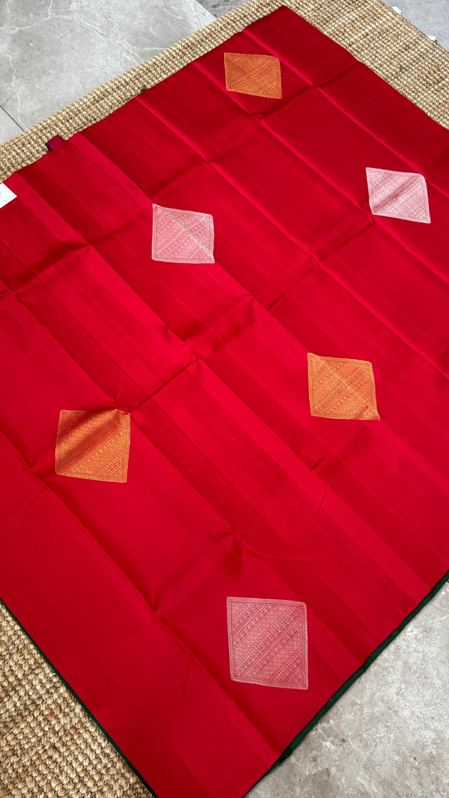 Red Pure Kanchipuram Silk Saree with Contrast Bottle Green Pallu | Silk Mark Certified
