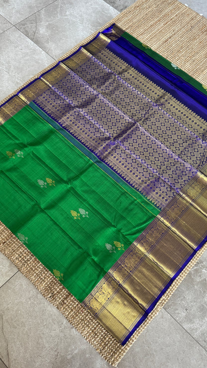 Green Pure Kanchipuram Silk Saree with Royal Blue Yali Motifs | Silk Mark Certified