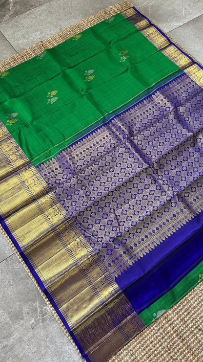 Green Pure Kanchipuram Silk Saree with Royal Blue Yali Motifs | Silk Mark Certified
