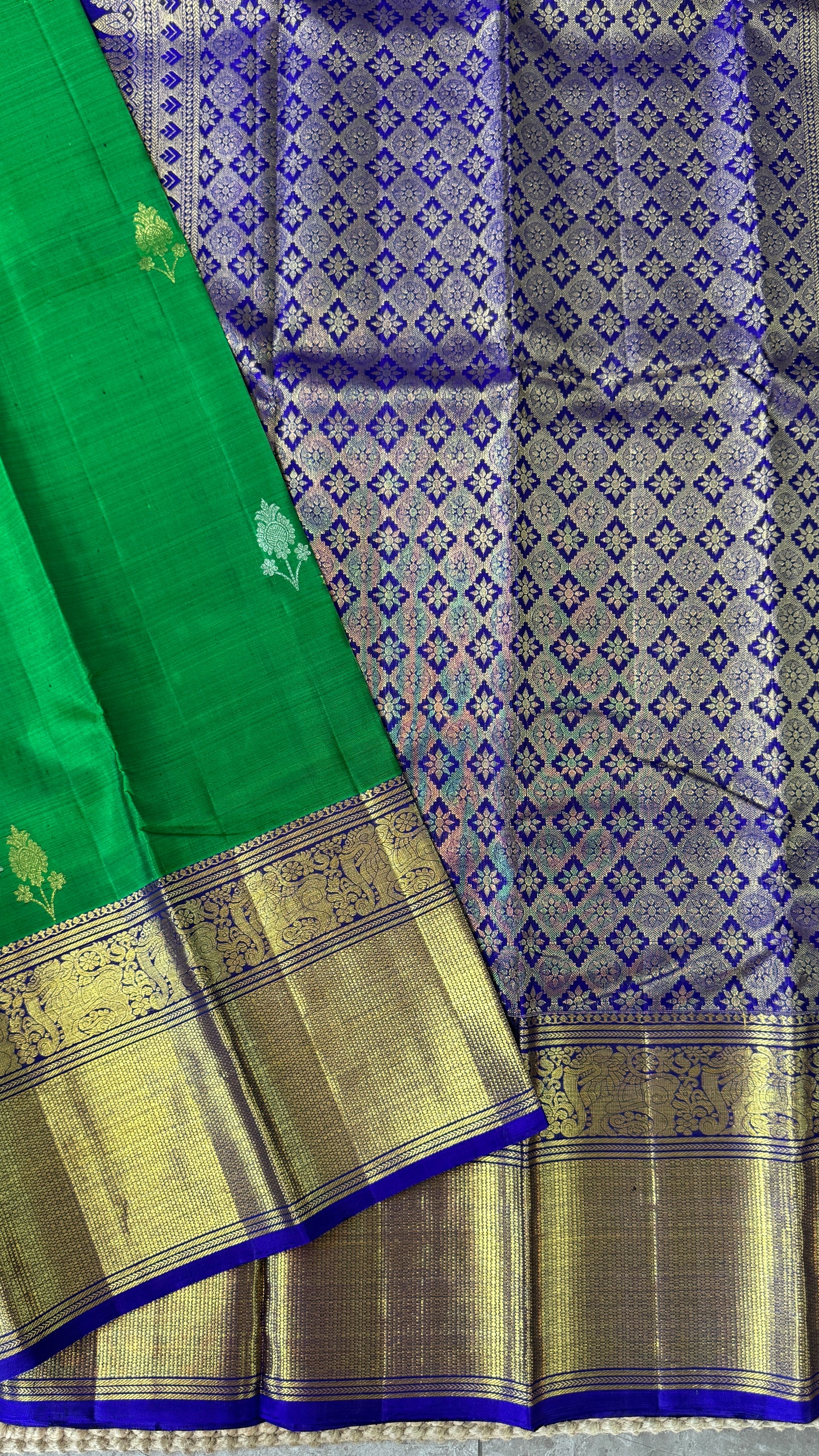 Green Pure Kanchipuram Silk Saree with Royal Blue Yali Motifs | Silk Mark Certified