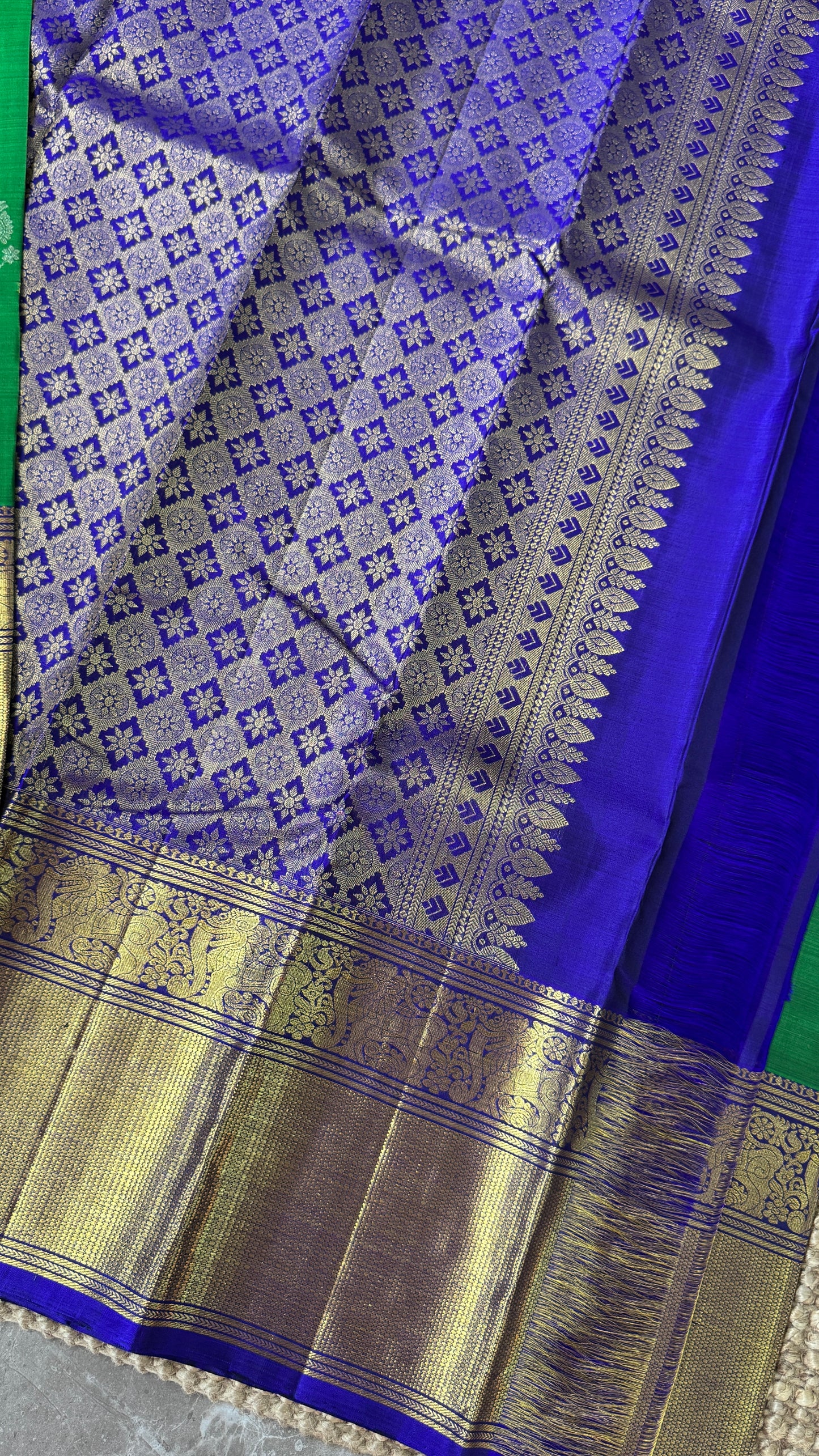 Green Pure Kanchipuram Silk Saree with Royal Blue Yali Motifs | Silk Mark Certified