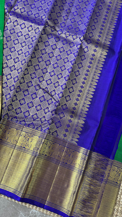 Green Pure Kanchipuram Silk Saree with Royal Blue Yali Motifs | Silk Mark Certified