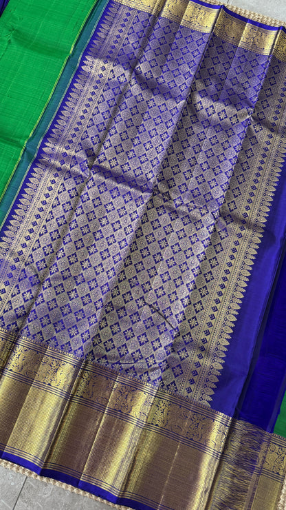 Green Pure Kanchipuram Silk Saree with Royal Blue Yali Motifs | Silk Mark Certified