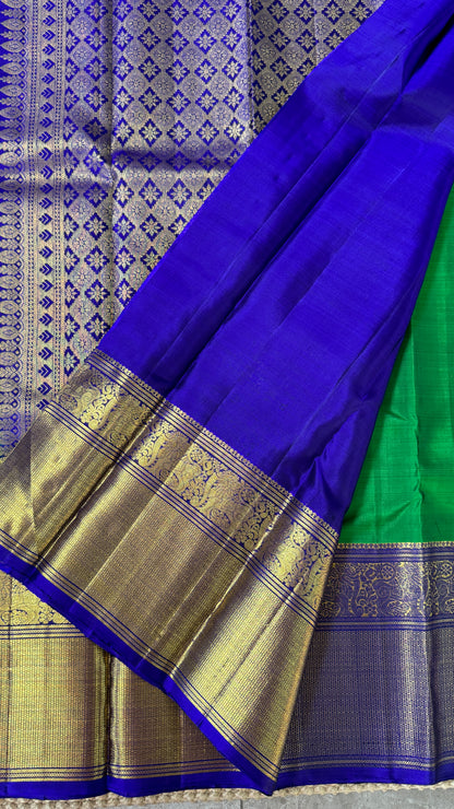Green Pure Kanchipuram Silk Saree with Royal Blue Yali Motifs | Silk Mark Certified