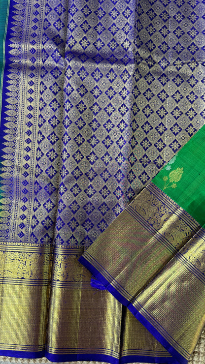 Green Pure Kanchipuram Silk Saree with Royal Blue Yali Motifs | Silk Mark Certified