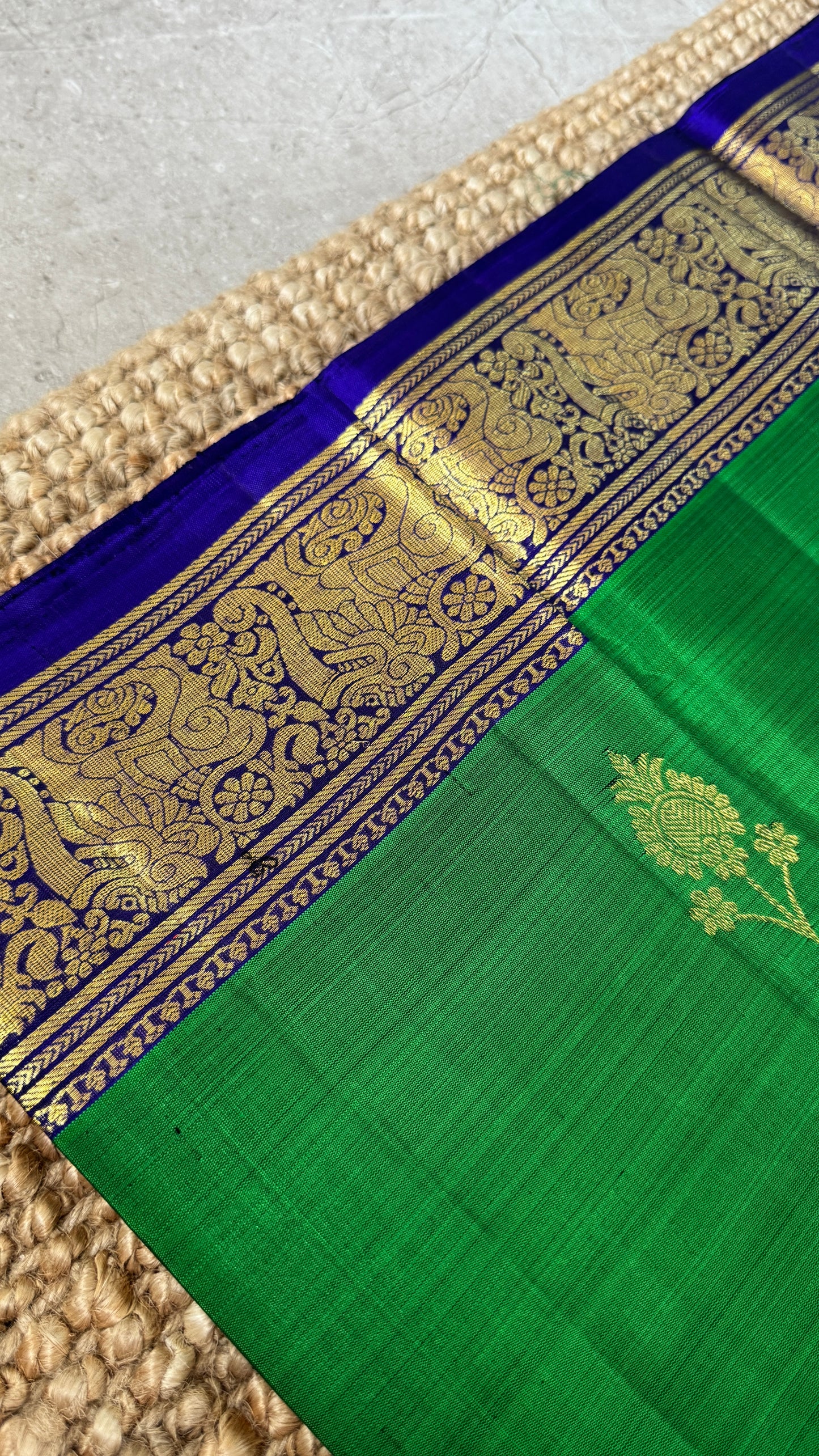 Green Pure Kanchipuram Silk Saree with Royal Blue Yali Motifs | Silk Mark Certified