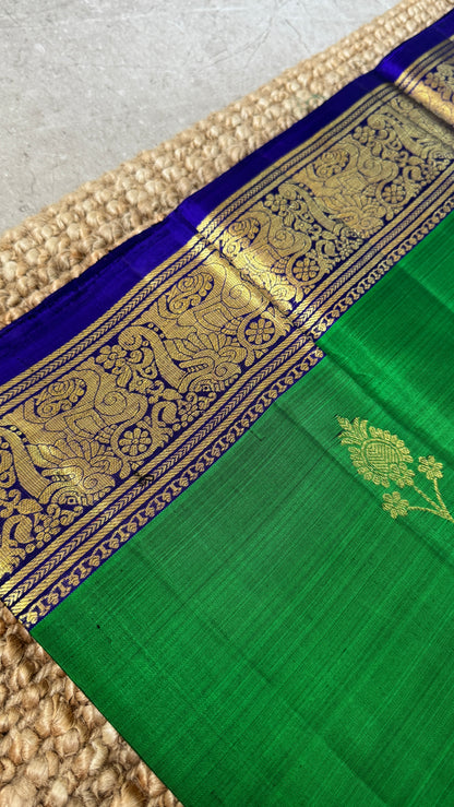 Green Pure Kanchipuram Silk Saree with Royal Blue Yali Motifs | Silk Mark Certified