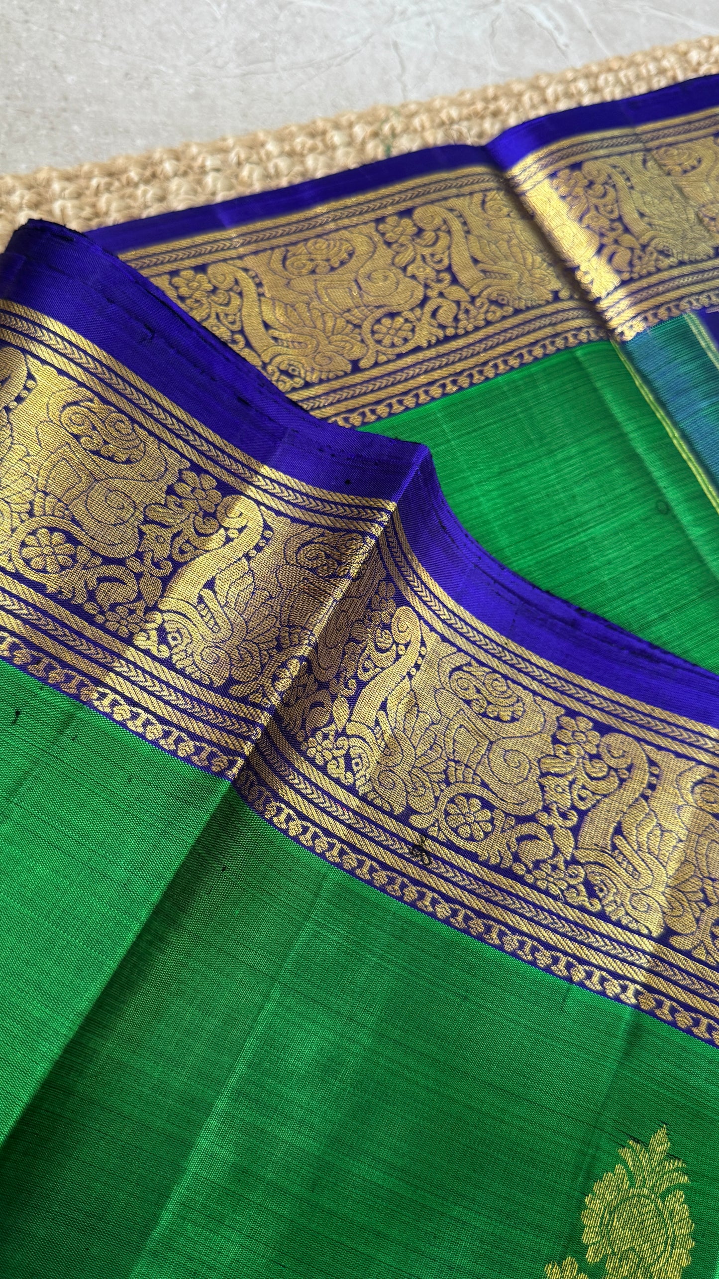 Green Pure Kanchipuram Silk Saree with Royal Blue Yali Motifs | Silk Mark Certified