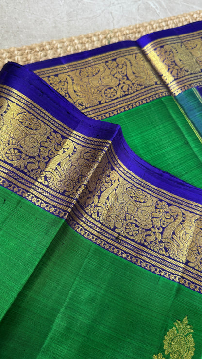 Green Pure Kanchipuram Silk Saree with Royal Blue Yali Motifs | Silk Mark Certified