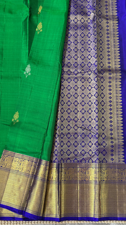 Green Pure Kanchipuram Silk Saree with Royal Blue Yali Motifs | Silk Mark Certified