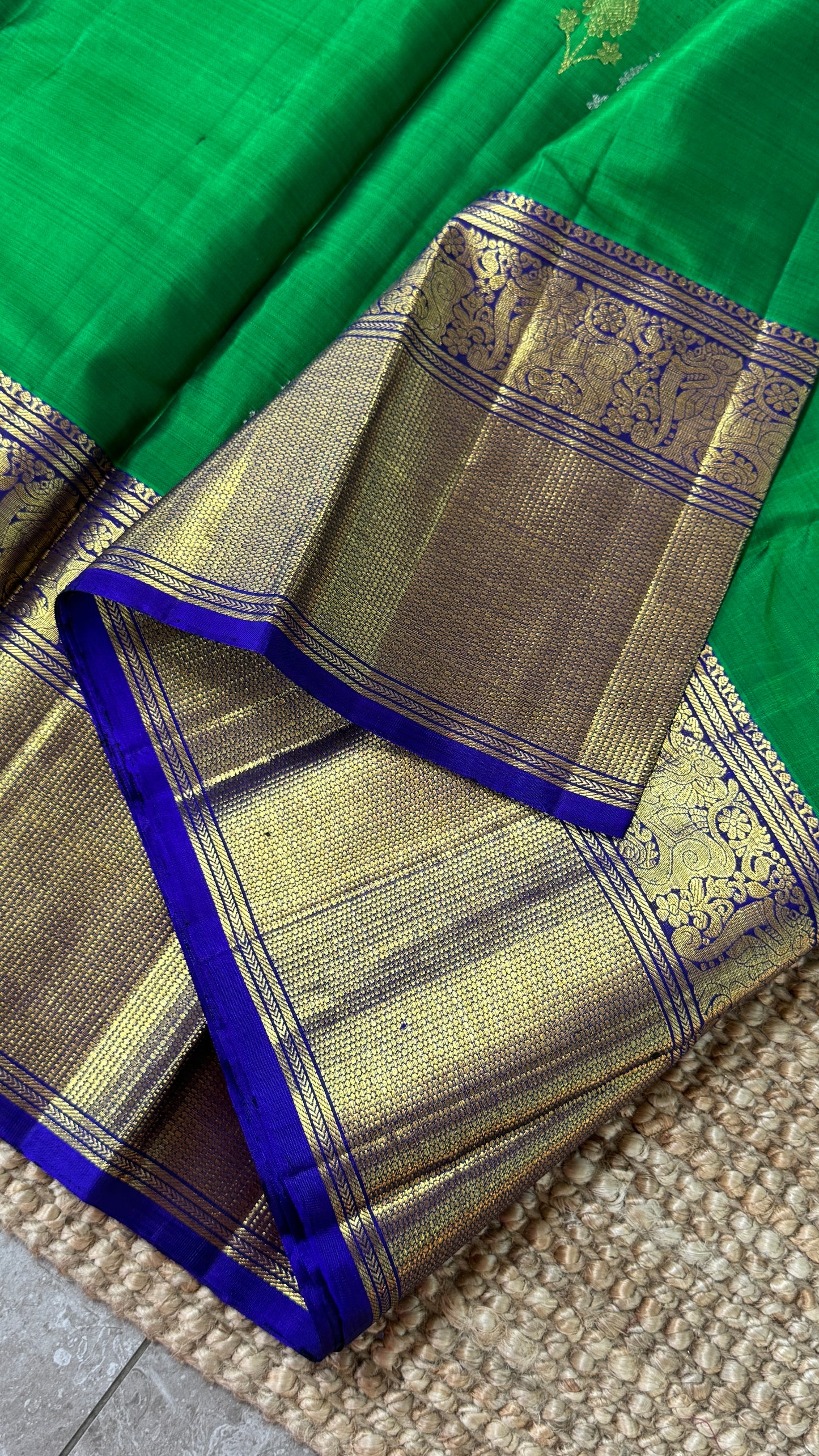 Green Pure Kanchipuram Silk Saree with Royal Blue Yali Motifs | Silk Mark Certified