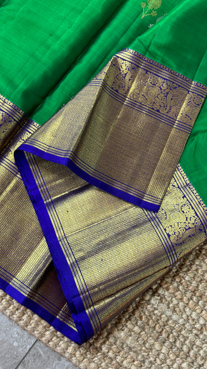 Green Pure Kanchipuram Silk Saree with Royal Blue Yali Motifs | Silk Mark Certified