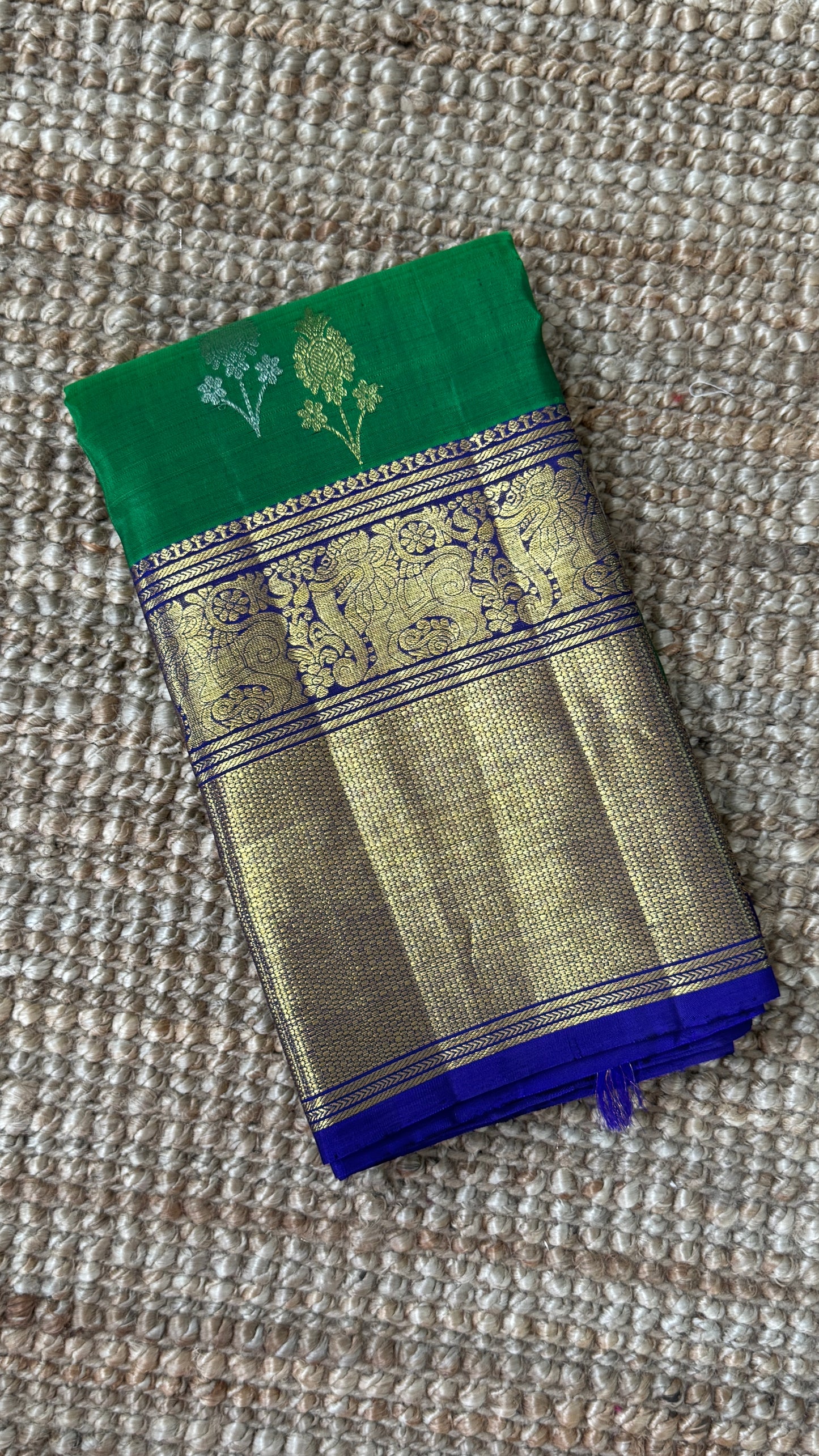 Green Pure Kanchipuram Silk Saree with Royal Blue Yali Motifs | Silk Mark Certified