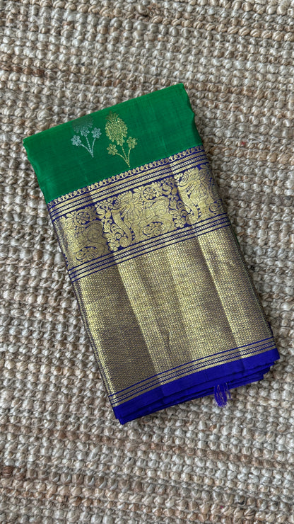 Green Pure Kanchipuram Silk Saree with Royal Blue Yali Motifs | Silk Mark Certified