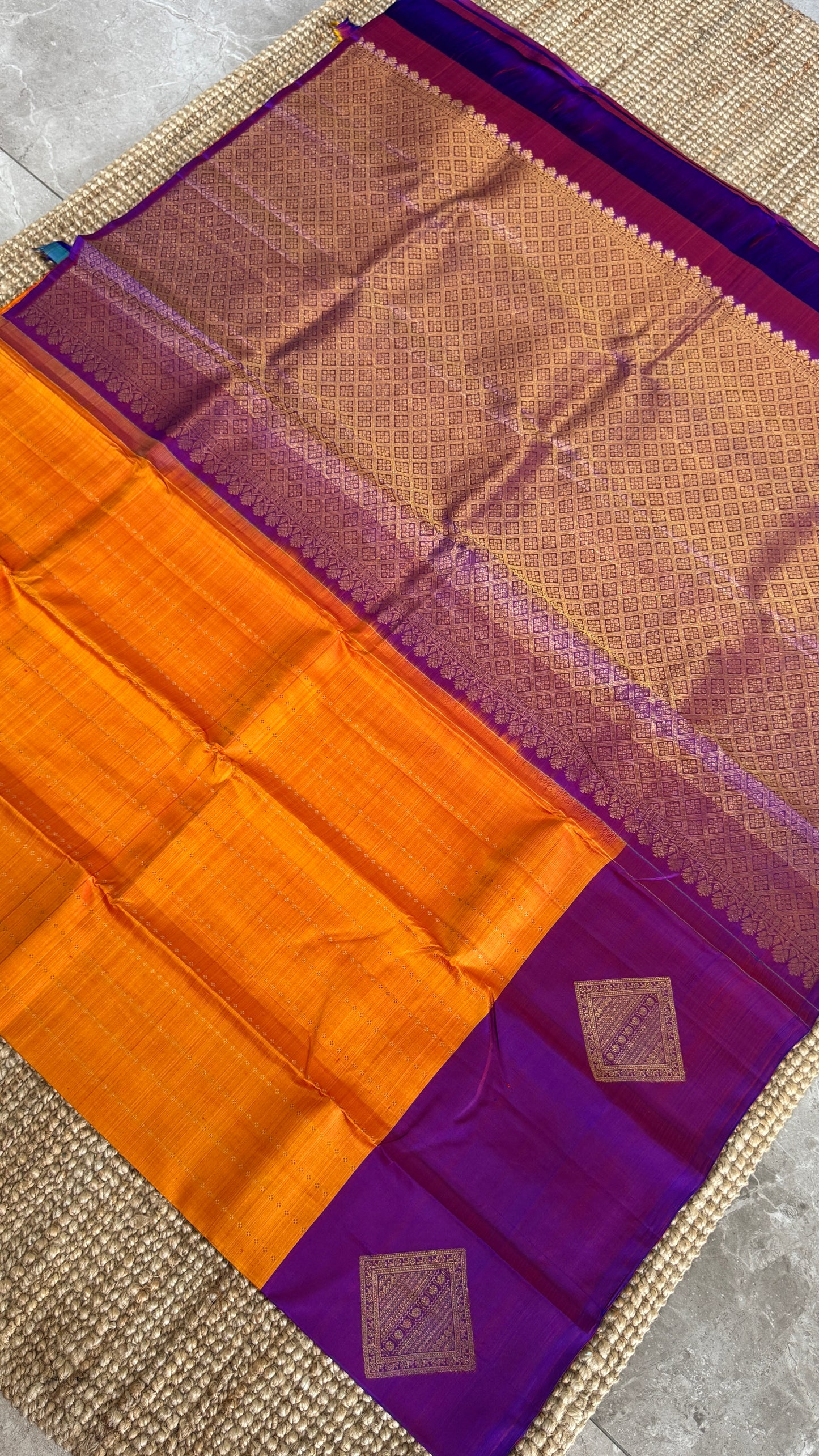 Orange Pure Kanchipuram Silk Saree with Contrast Purple Pallu | Silk Mark Certified