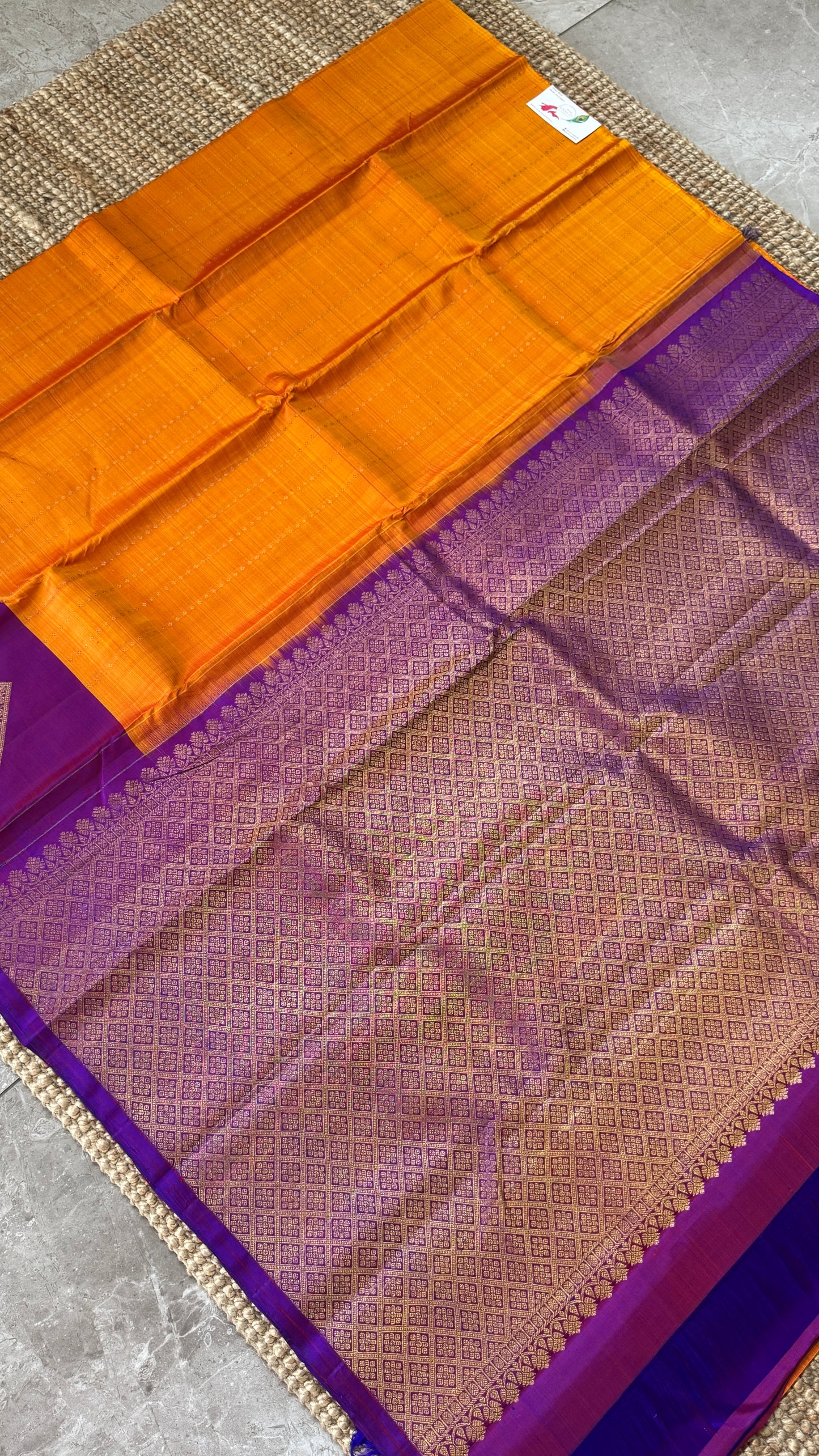 Orange Pure Kanchipuram Silk Saree with Contrast Purple Pallu | Silk Mark Certified