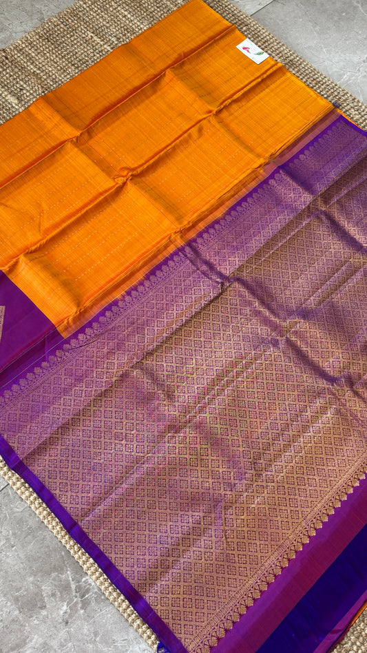 Orange Pure Kanchipuram Silk Saree with Contrast Purple Pallu | Silk Mark Certified