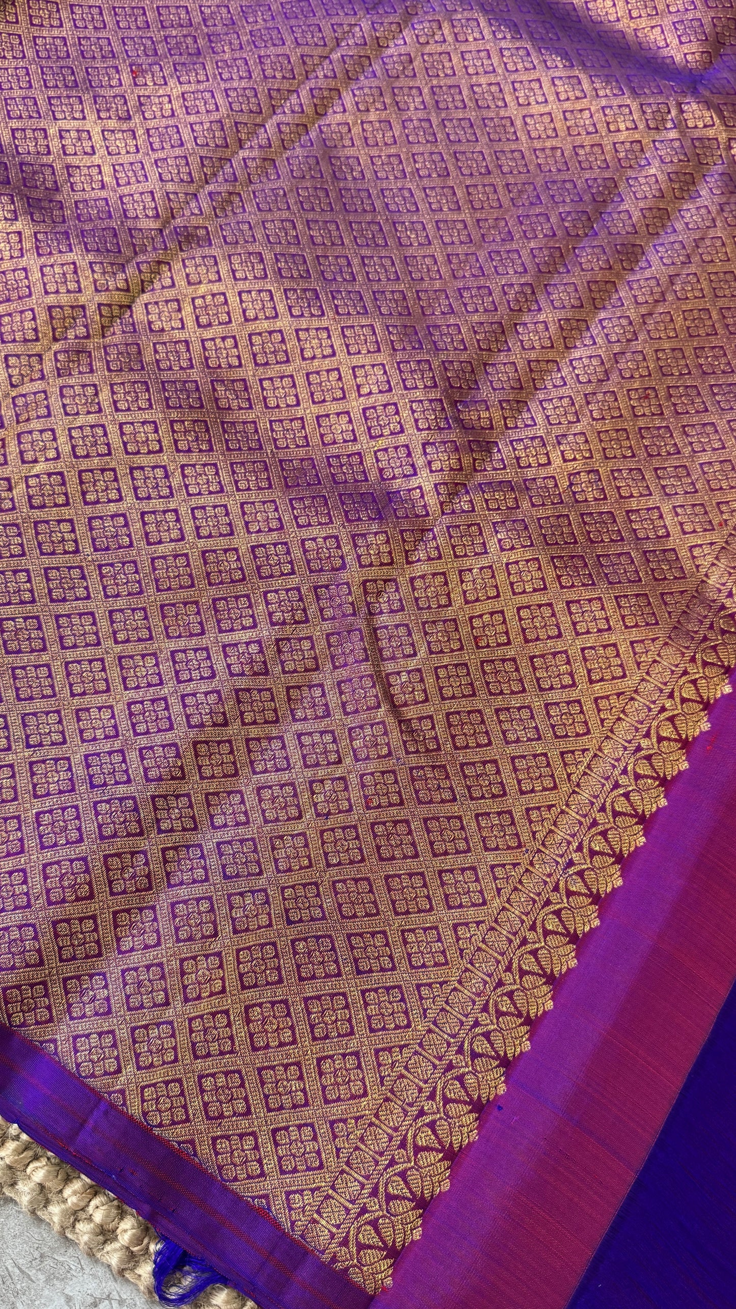 Orange Pure Kanchipuram Silk Saree with Contrast Purple Pallu | Silk Mark Certified