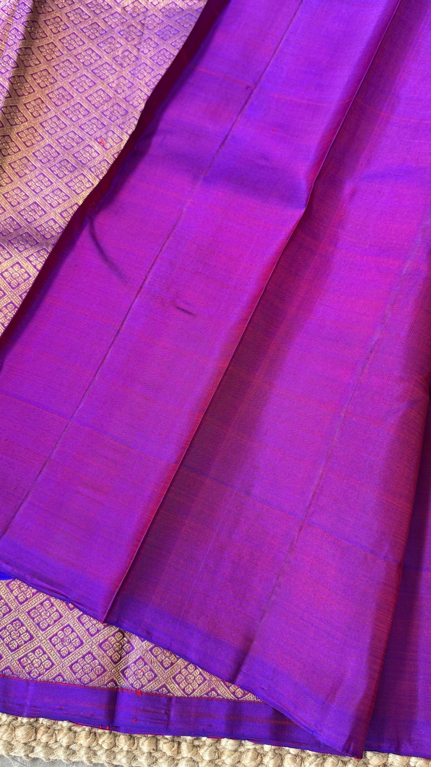 Orange Pure Kanchipuram Silk Saree with Contrast Purple Pallu | Silk Mark Certified
