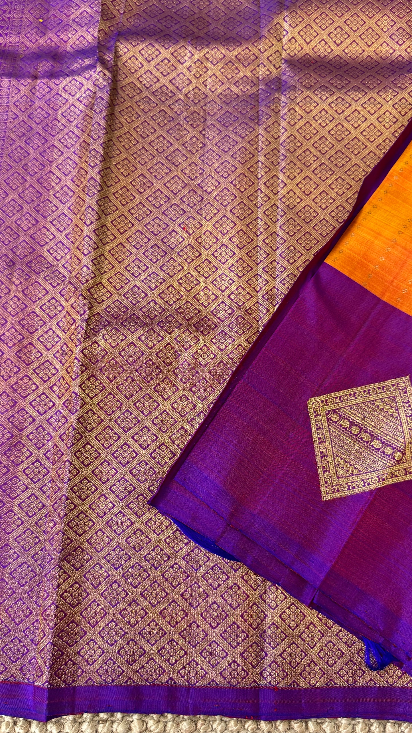 Orange Pure Kanchipuram Silk Saree with Contrast Purple Pallu | Silk Mark Certified