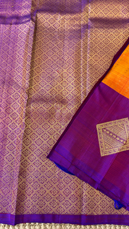 Orange Pure Kanchipuram Silk Saree with Contrast Purple Pallu | Silk Mark Certified