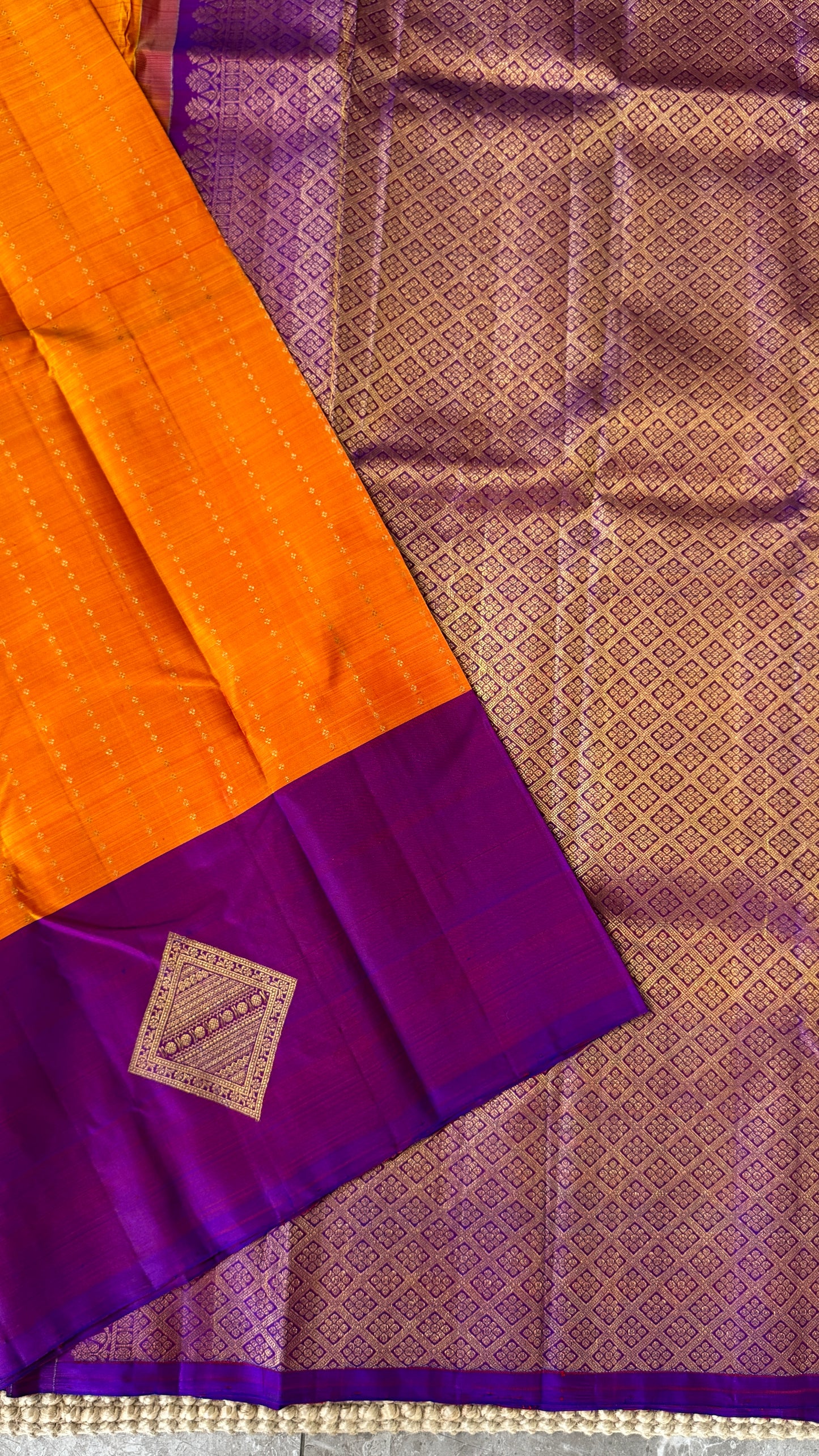 Orange Pure Kanchipuram Silk Saree with Contrast Purple Pallu | Silk Mark Certified