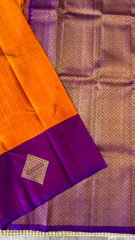 Orange Pure Kanchipuram Silk Saree with Contrast Purple Pallu | Silk Mark Certified