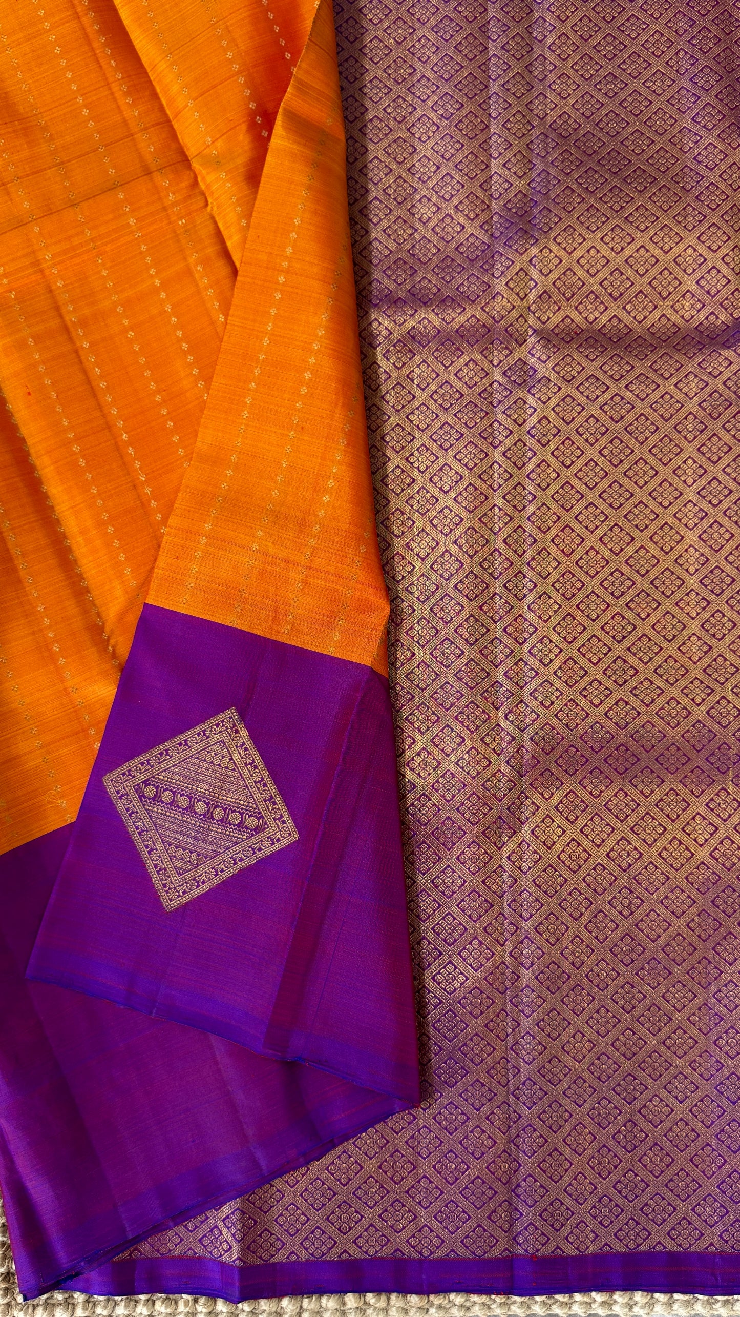 Orange Pure Kanchipuram Silk Saree with Contrast Purple Pallu | Silk Mark Certified