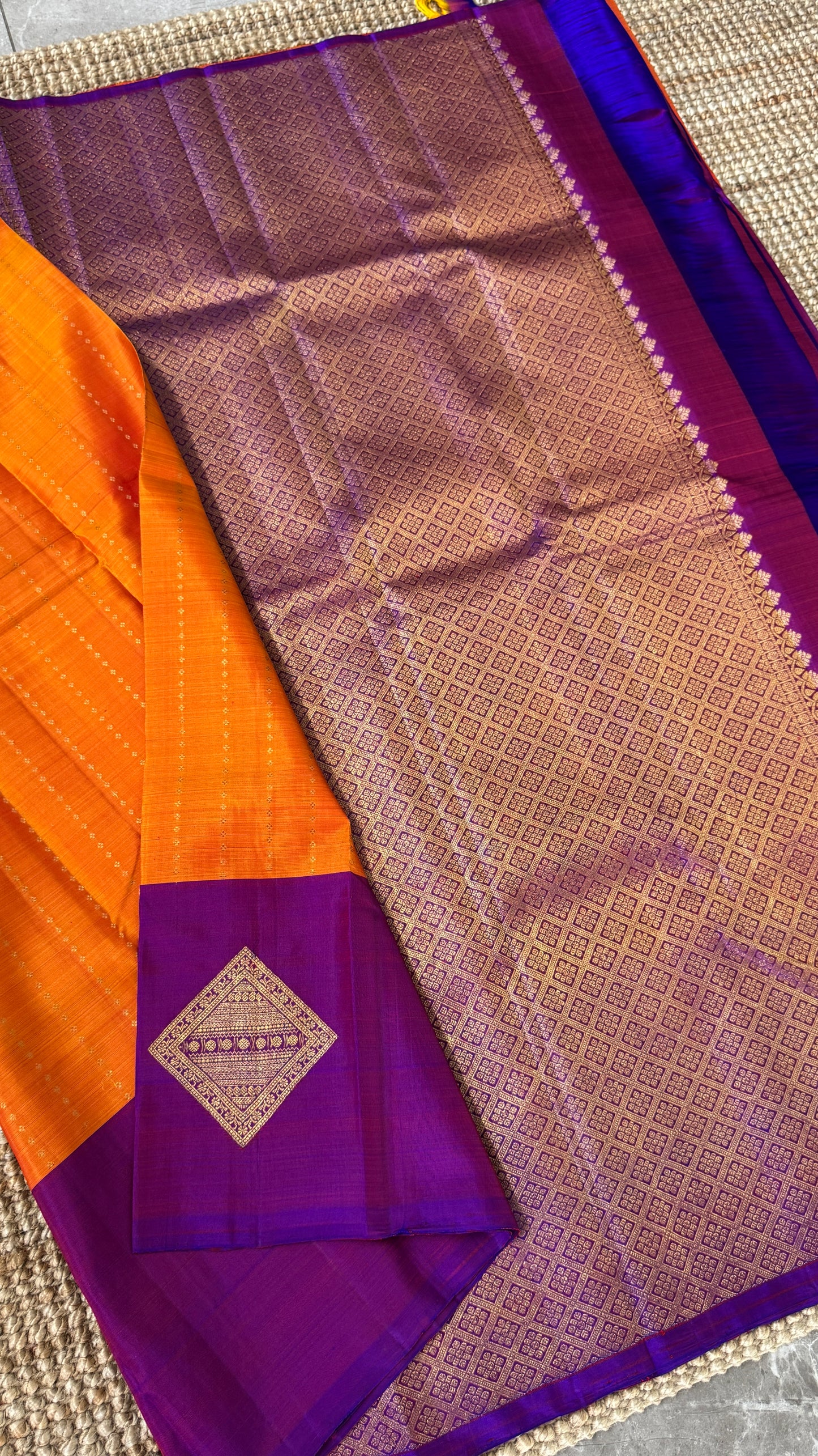 Orange Pure Kanchipuram Silk Saree with Contrast Purple Pallu | Silk Mark Certified