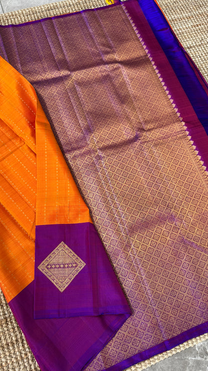 Orange Pure Kanchipuram Silk Saree with Contrast Purple Pallu | Silk Mark Certified