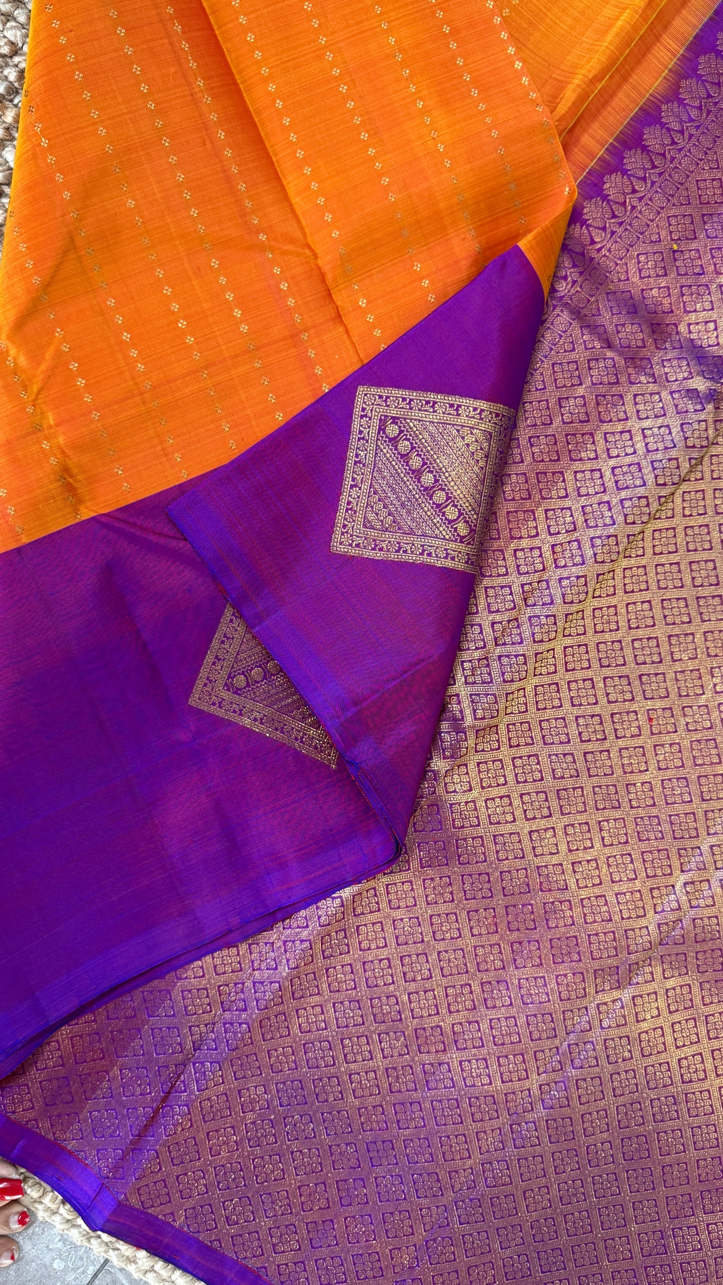 Orange Pure Kanchipuram Silk Saree with Contrast Purple Pallu | Silk Mark Certified