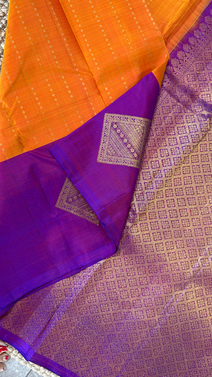 Orange Pure Kanchipuram Silk Saree with Contrast Purple Pallu | Silk Mark Certified