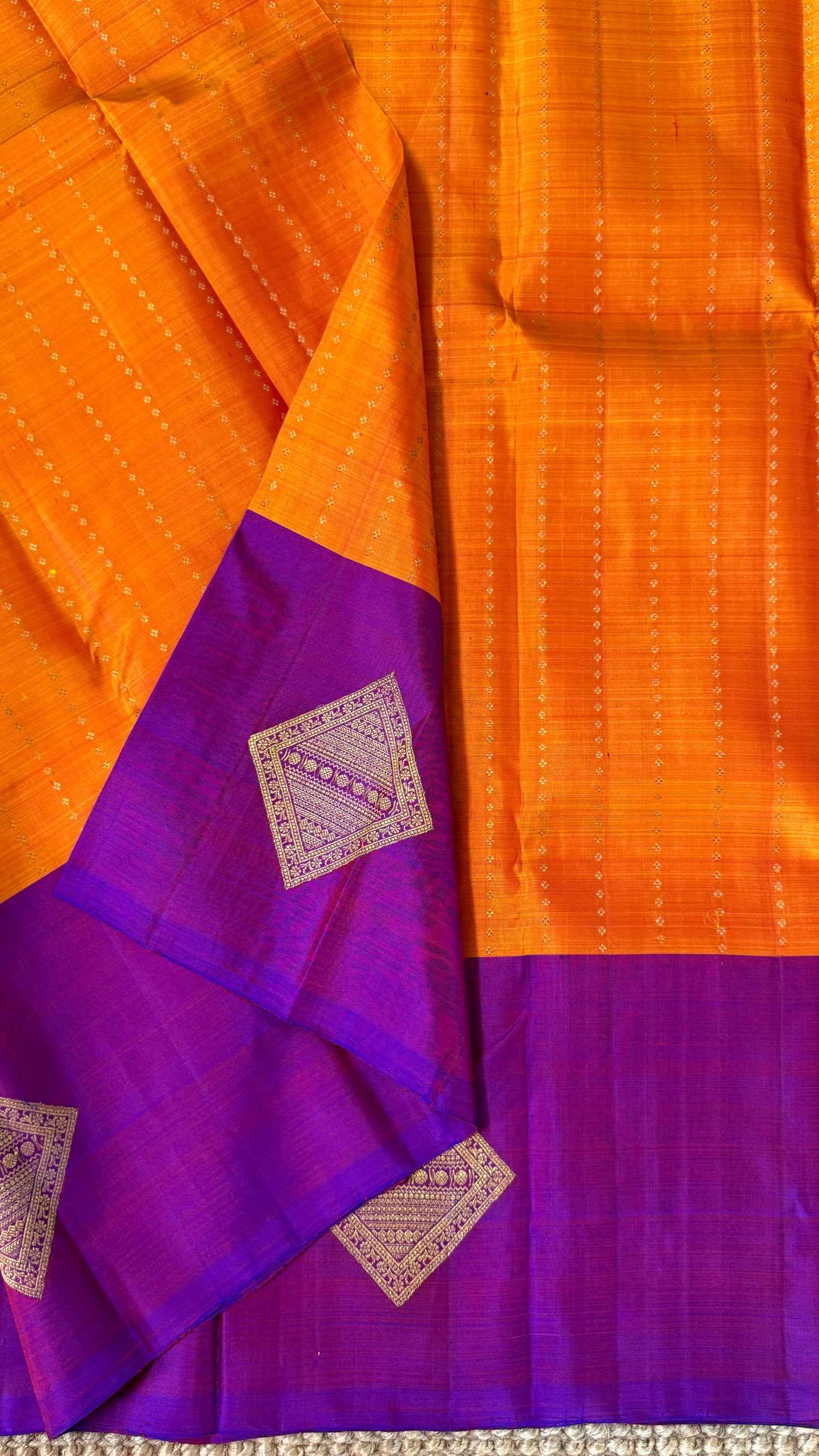Orange Pure Kanchipuram Silk Saree with Contrast Purple Pallu | Silk Mark Certified
