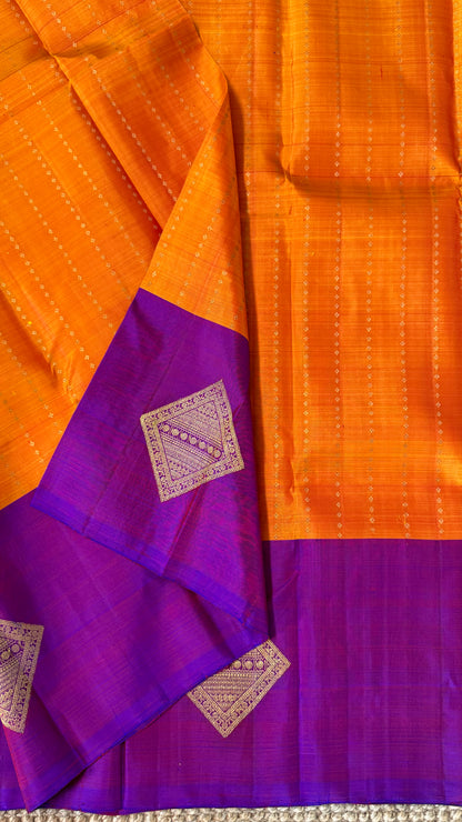 Orange Pure Kanchipuram Silk Saree with Contrast Purple Pallu | Silk Mark Certified