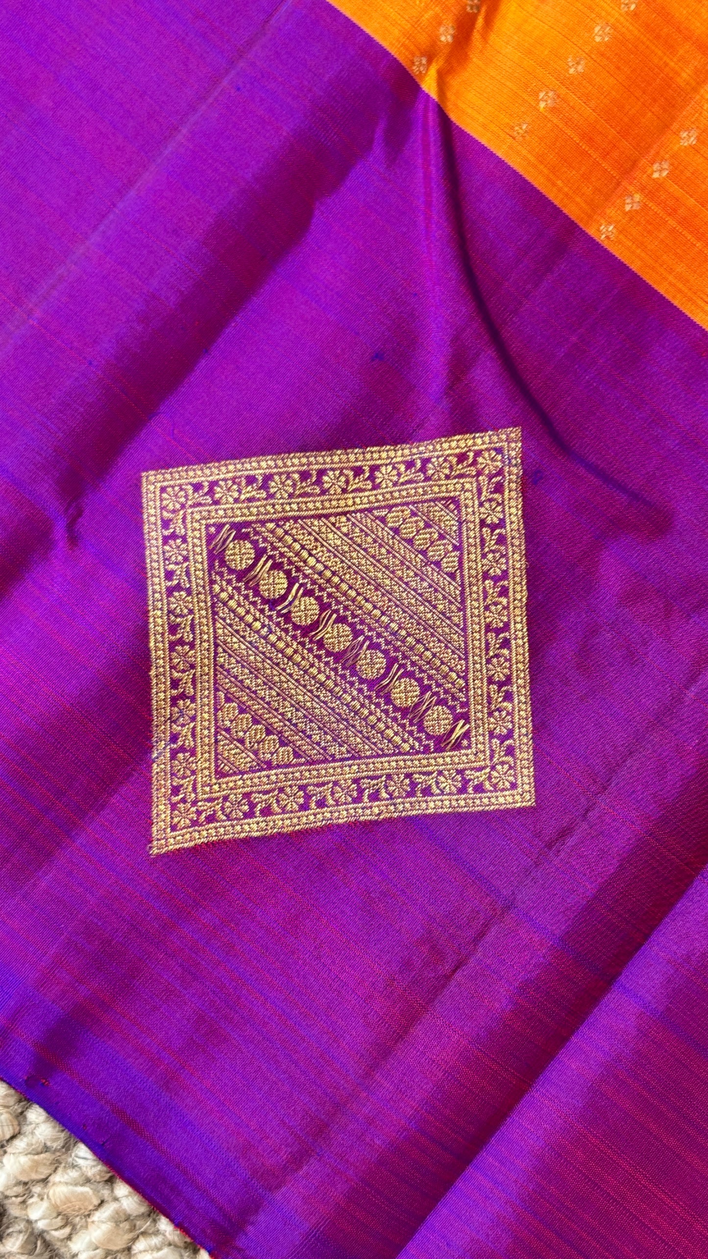 Orange Pure Kanchipuram Silk Saree with Contrast Purple Pallu | Silk Mark Certified