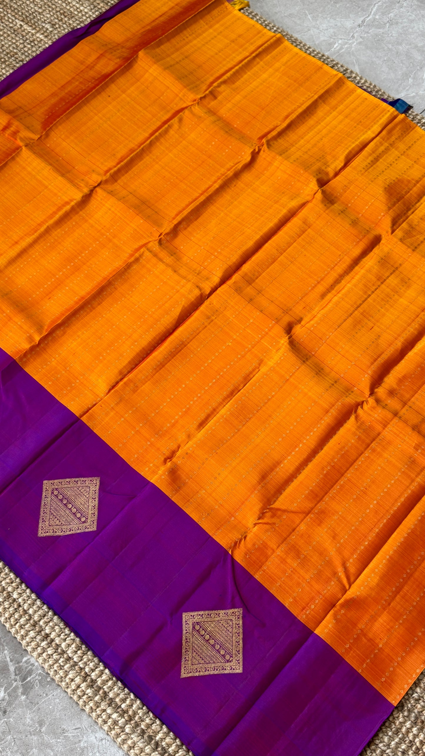 Orange Pure Kanchipuram Silk Saree with Contrast Purple Pallu | Silk Mark Certified