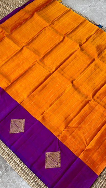 Orange Pure Kanchipuram Silk Saree with Contrast Purple Pallu | Silk Mark Certified