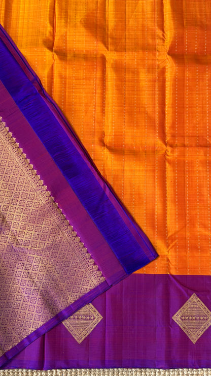 Orange Pure Kanchipuram Silk Saree with Contrast Purple Pallu | Silk Mark Certified