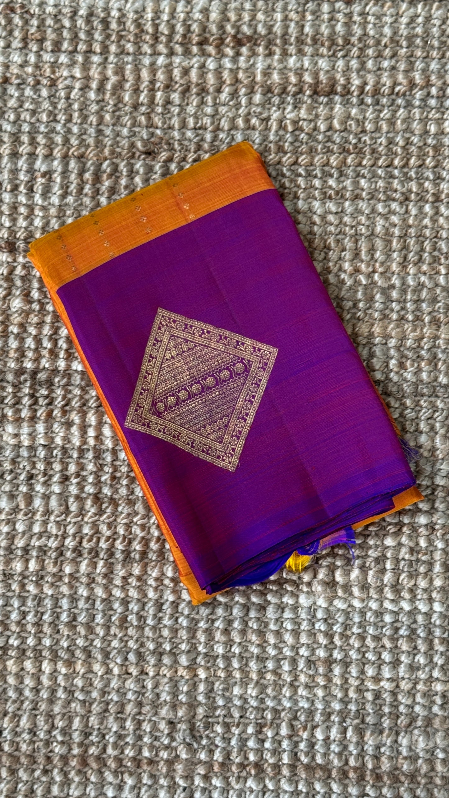 Orange Pure Kanchipuram Silk Saree with Contrast Purple Pallu | Silk Mark Certified