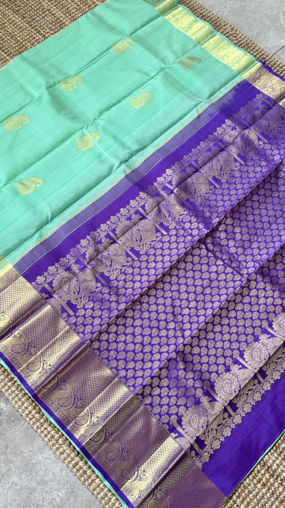 Aquamarine & Purple Pure Kanchipuram Silk Saree with Mango & Peacock Motifs | Silk Mark Certified