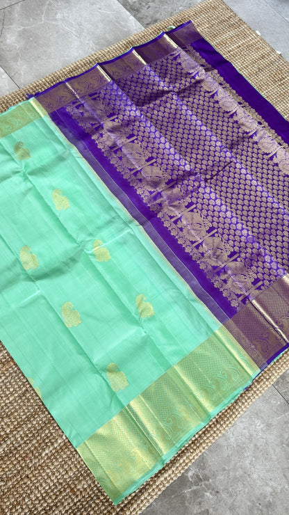 Aquamarine & Purple Pure Kanchipuram Silk Saree with Mango & Peacock Motifs | Silk Mark Certified