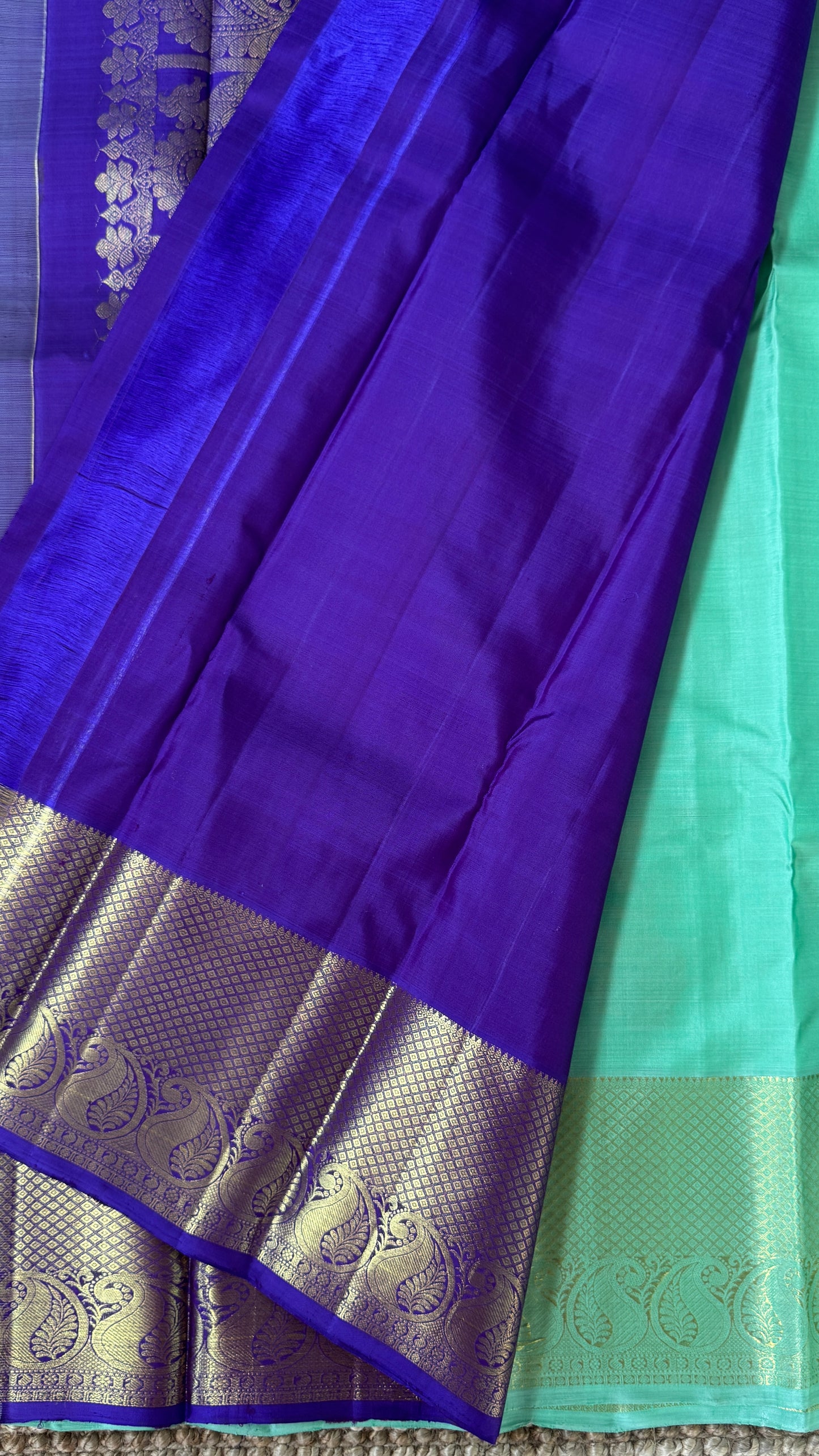 Aquamarine & Purple Pure Kanchipuram Silk Saree with Mango & Peacock Motifs | Silk Mark Certified