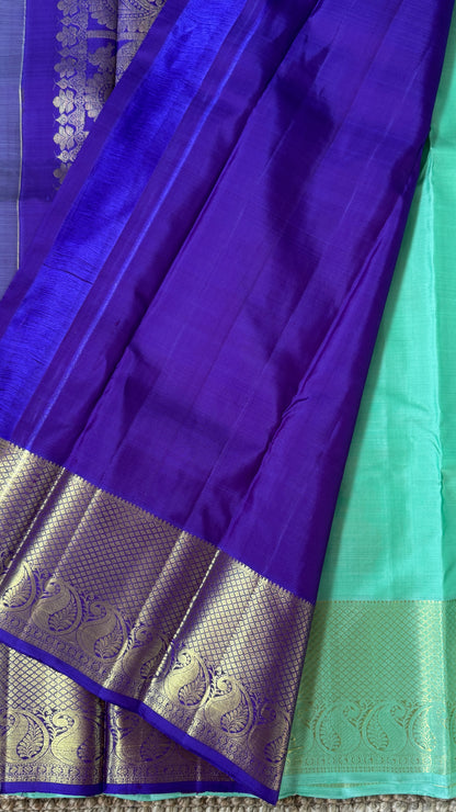 Aquamarine & Purple Pure Kanchipuram Silk Saree with Mango & Peacock Motifs | Silk Mark Certified