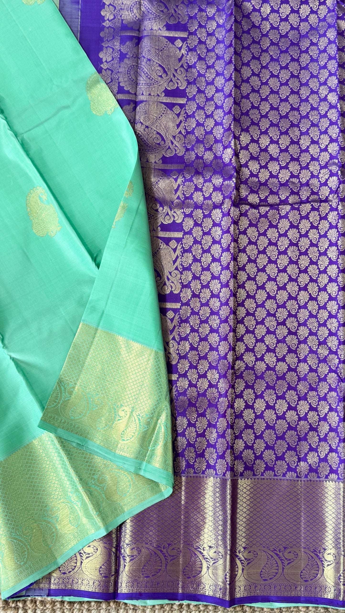 Aquamarine & Purple Pure Kanchipuram Silk Saree with Mango & Peacock Motifs | Silk Mark Certified