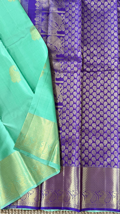Aquamarine & Purple Pure Kanchipuram Silk Saree with Mango & Peacock Motifs | Silk Mark Certified