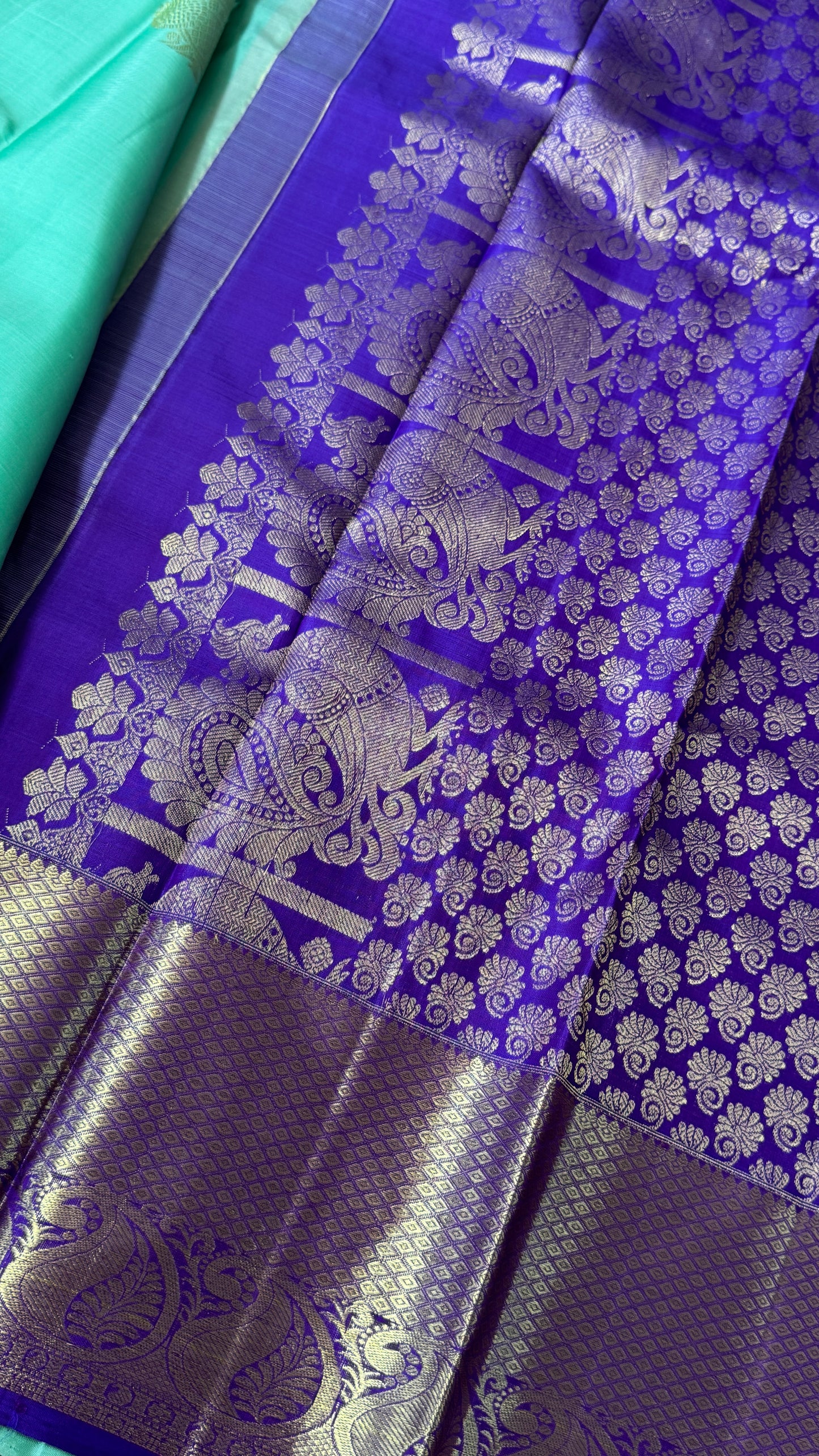 Aquamarine & Purple Pure Kanchipuram Silk Saree with Mango & Peacock Motifs | Silk Mark Certified
