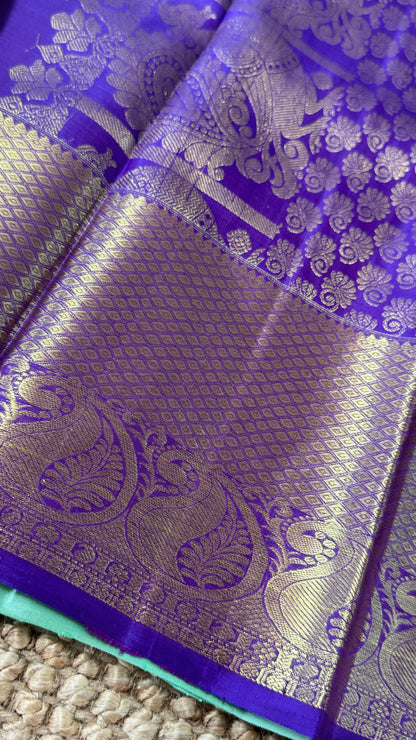 Aquamarine & Purple Pure Kanchipuram Silk Saree with Mango & Peacock Motifs | Silk Mark Certified