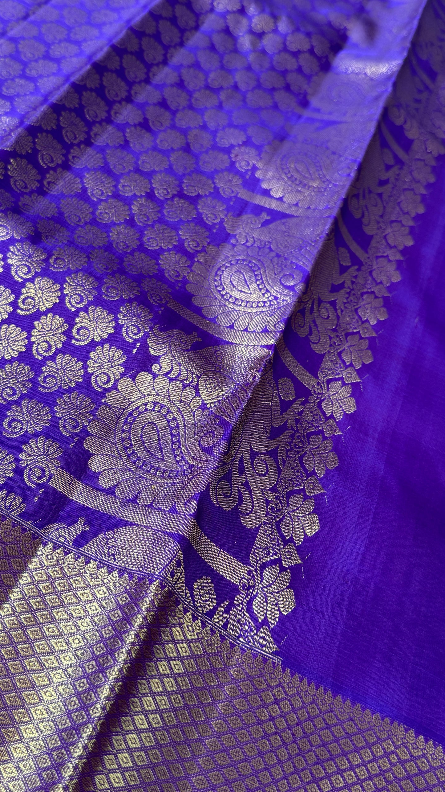 Aquamarine & Purple Pure Kanchipuram Silk Saree with Mango & Peacock Motifs | Silk Mark Certified