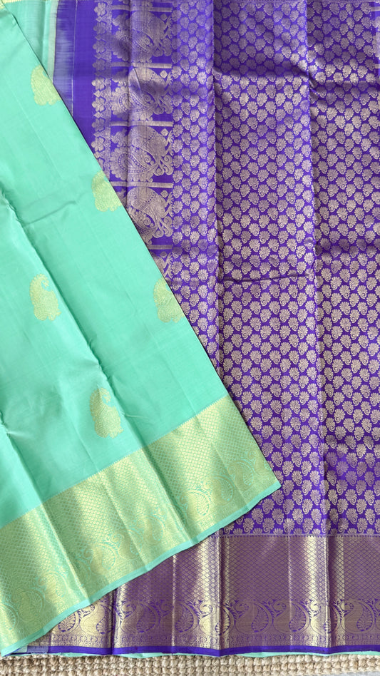 Aquamarine & Purple Pure Kanchipuram Silk Saree with Mango & Peacock Motifs | Silk Mark Certified